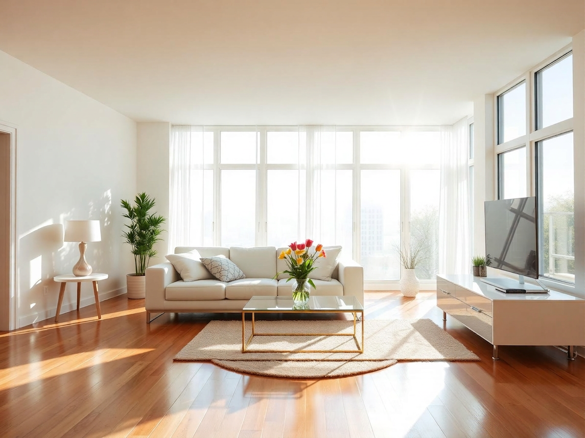 Sunlit, immaculately clean modern living room